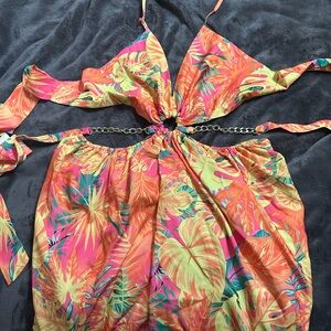 Tropical Print Halter Dress with Chain Detail